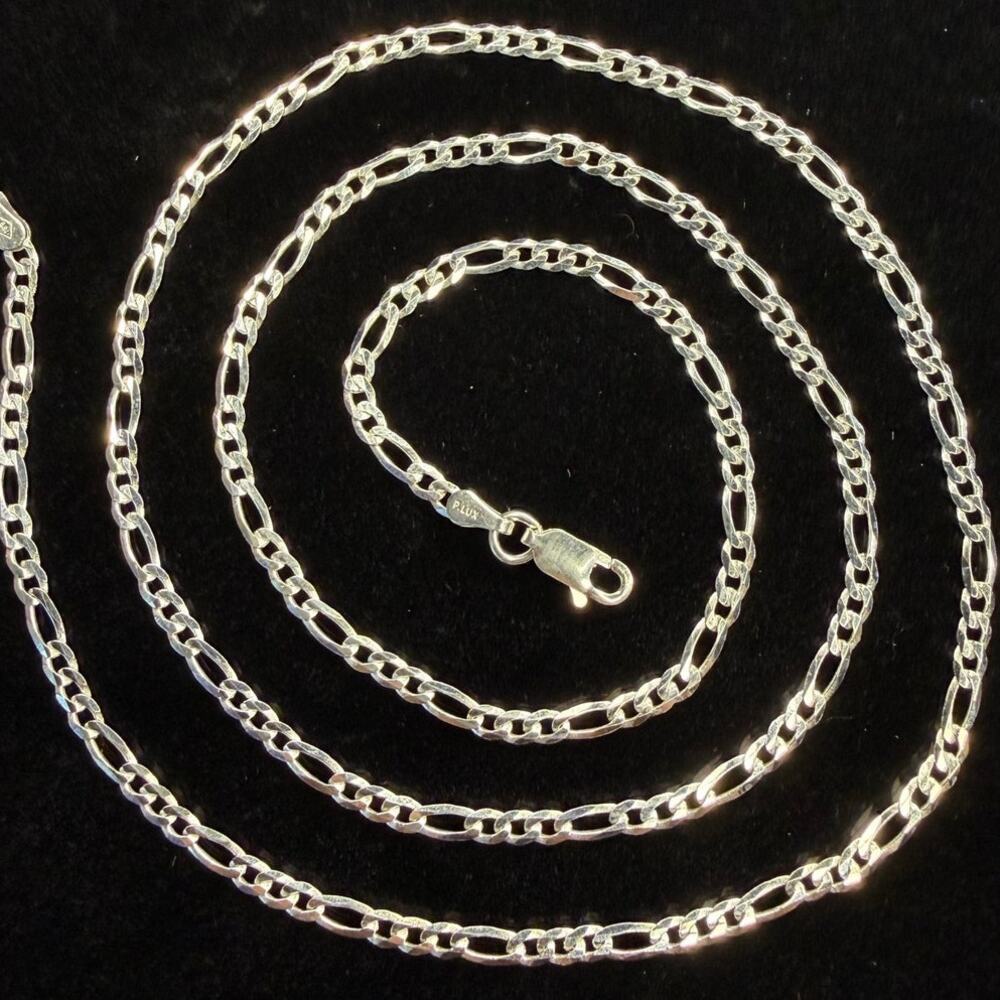 Solid 925 Italian Sterling Silver Figaro Chain Necklace 24" Long 3mm Wide - Picture 2 of 5